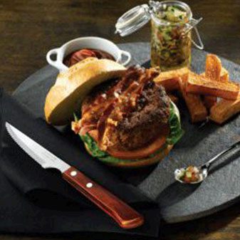 rustic burger served on slate